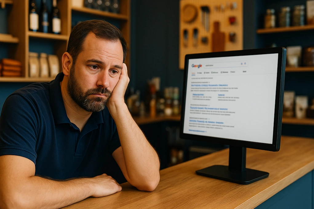 How AI is changing search a small business owner sits at work next to a computer which shows Google search results symbolizing how AI is changing search and how it is affecting small business websites.