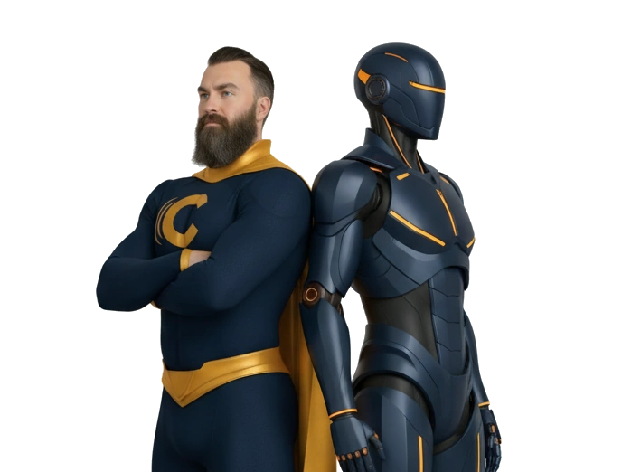 Custom AI chatbots and tools built for small business success. Carolina Web Pro superhero standing beside futuristic AI bot, representing custom AI tools and chatbots for small businesses.