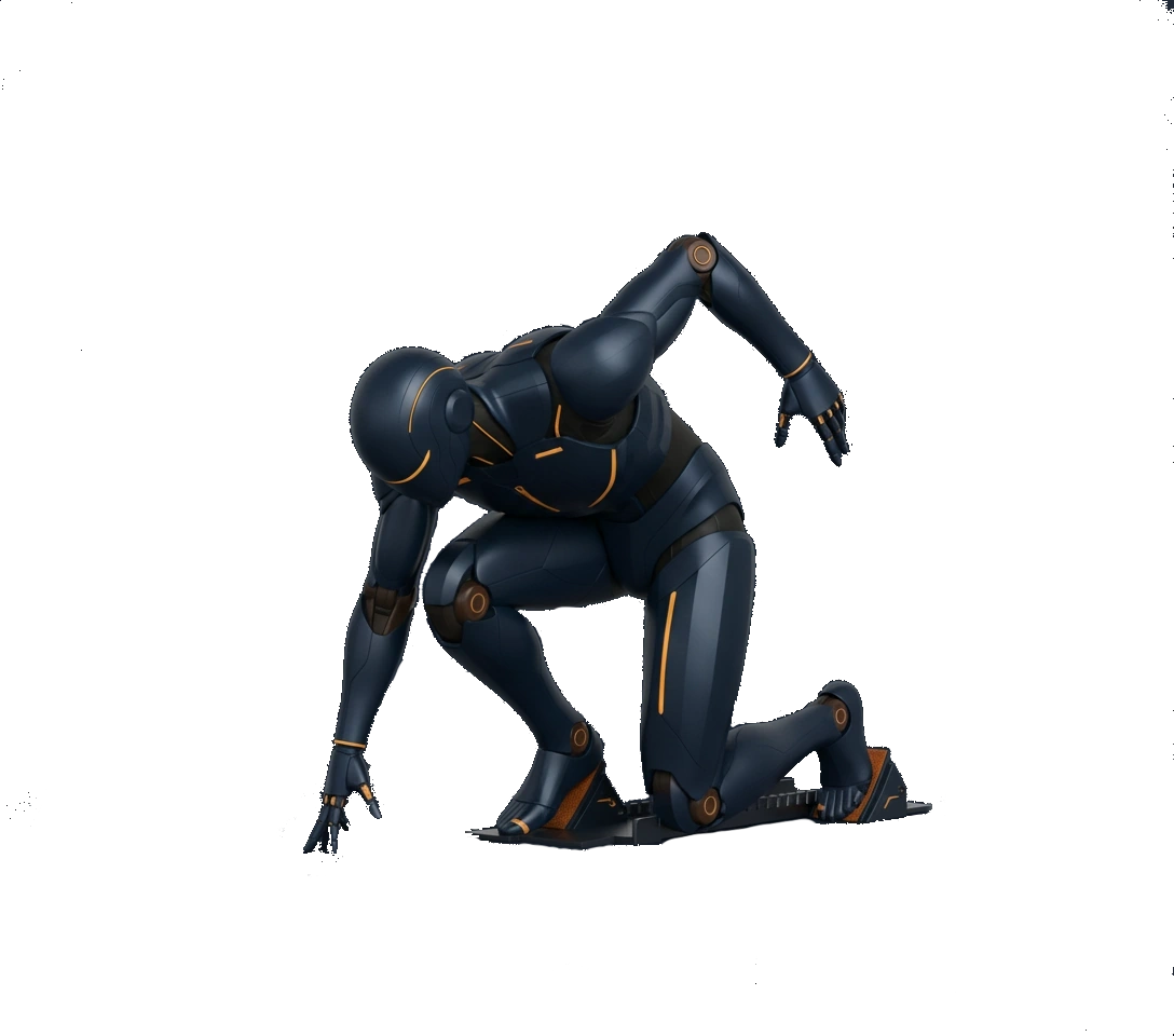 AI automation that keeps your business moving at full speed. Futuristic AI bot crouched in sprinter’s stance, symbolizing fast and powerful AI automation for small businesses.