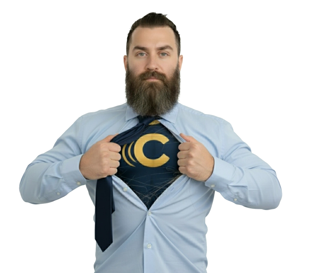 Affordable web services in Burlington, Greensboro, and across North Carolina with Carolina Web Pro. Carolina Web Pro founder pulling open shirt in superhero reveal, symbolizing affordable web services for small businesses in North Carolina.