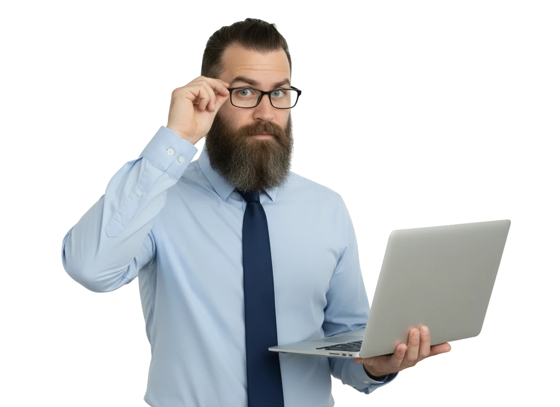 wp-4 Carolina Web Pro founder in Clark Kent persona with laptop and glasses, representing a Burlington NC web design company for small businesses.