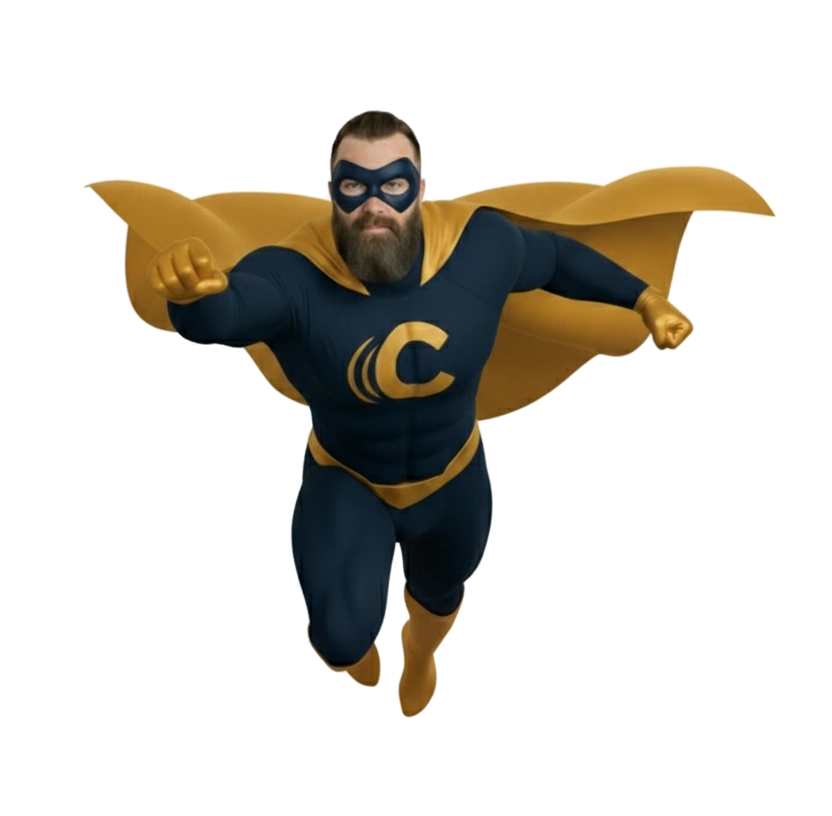 Local SEO that drives your business forward. Carolina Web Pro superhero flying forward, representing small business growth through local SEO services.