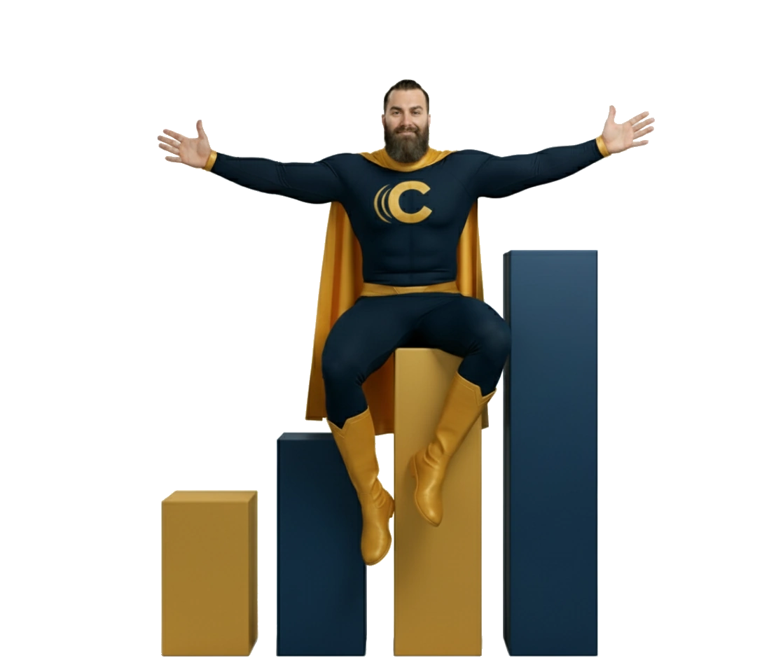 Digital marketing growth powered by Carolina Web Pro Carolina Web Pro superhero sitting on a rising bar graph with arms open, symbolizing digital marketing growth for small businesses.