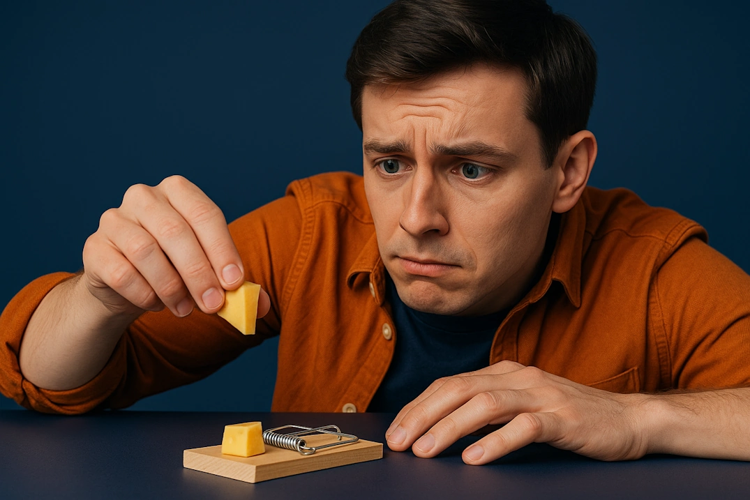 Free website design is never really free, just like taking cheese from a mousetrap A young man carefully reaching for cheese on a mousetrap, symbolizing the risks of so-called free website design