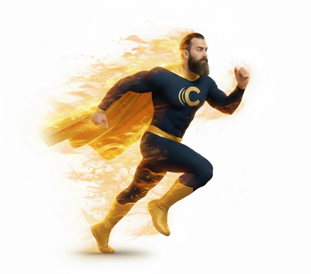 Blazing fast, built for WordPress. Carolina Web Pro superhero running with flames trailing from his cape and legs, representing blazing fast WordPress hosting performance.