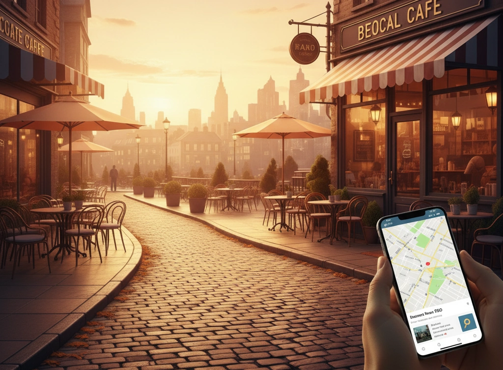 Hands holding a smartphone with maps open while standing on a brick-lined downtown street with shops and cafes, representing local SEO search results.