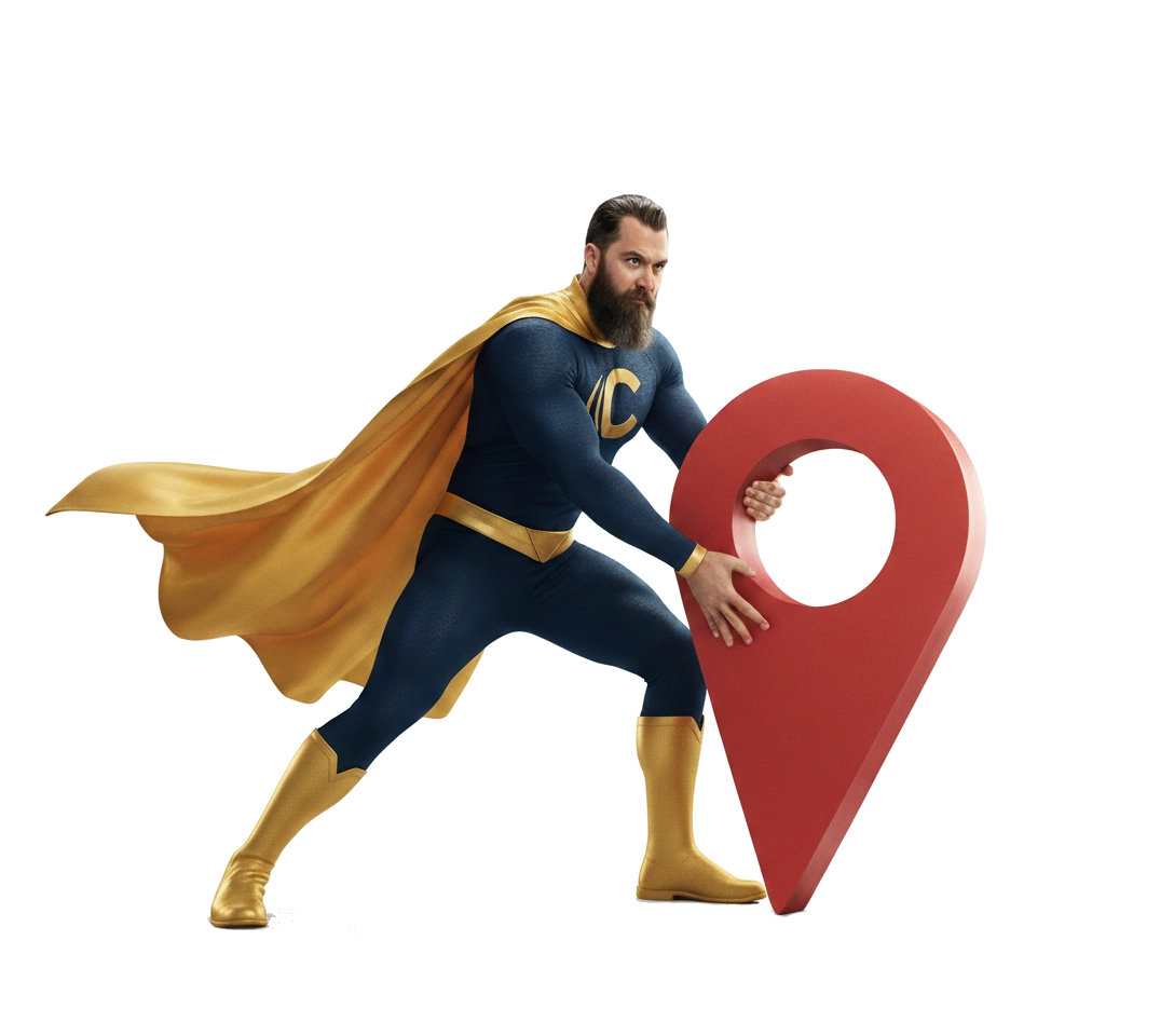 Local SEO services that put your business on the map. Carolina Web Pro superhero planting a location pin, symbolizing local SEO services in Burlington NC.