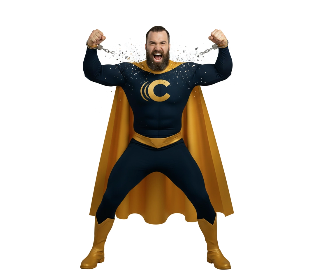 Hands free, fully managed hosting. Carolina Web Pro superhero breaking handcuffs, representing hands-free, fully managed hosting that frees small business owners from technical worries.