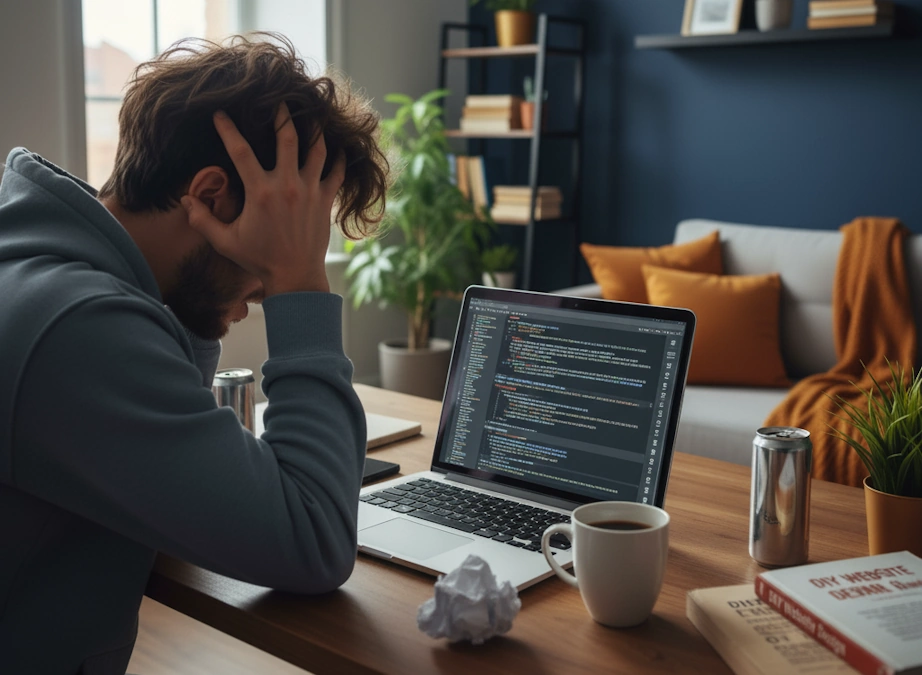 The hidden frustrations of DIY website builders. A frustrated man holding his head in his hands, overwhelmed by the complexity of trying to build his own website on a laptop