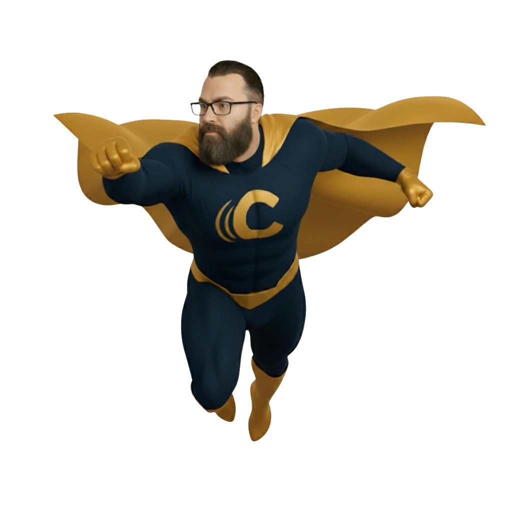 wp Carolina Web Pro superhero in classic pose representing professional website design services for small businesses.
