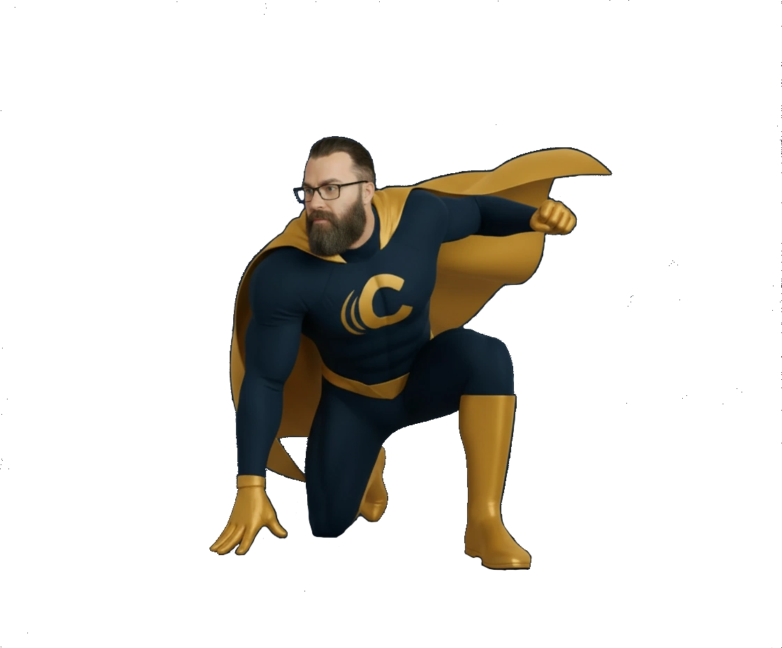 wp2 Carolina Web Pro superhero landing in a strong hero pose with one hand on the ground, symbolizing reliability and impact in affordable web design.