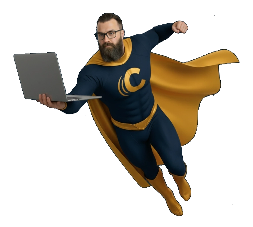 wp6 Superhero mascot adjusting glasses while holding a laptop, symbolizing focus and strategy in affordable web design.