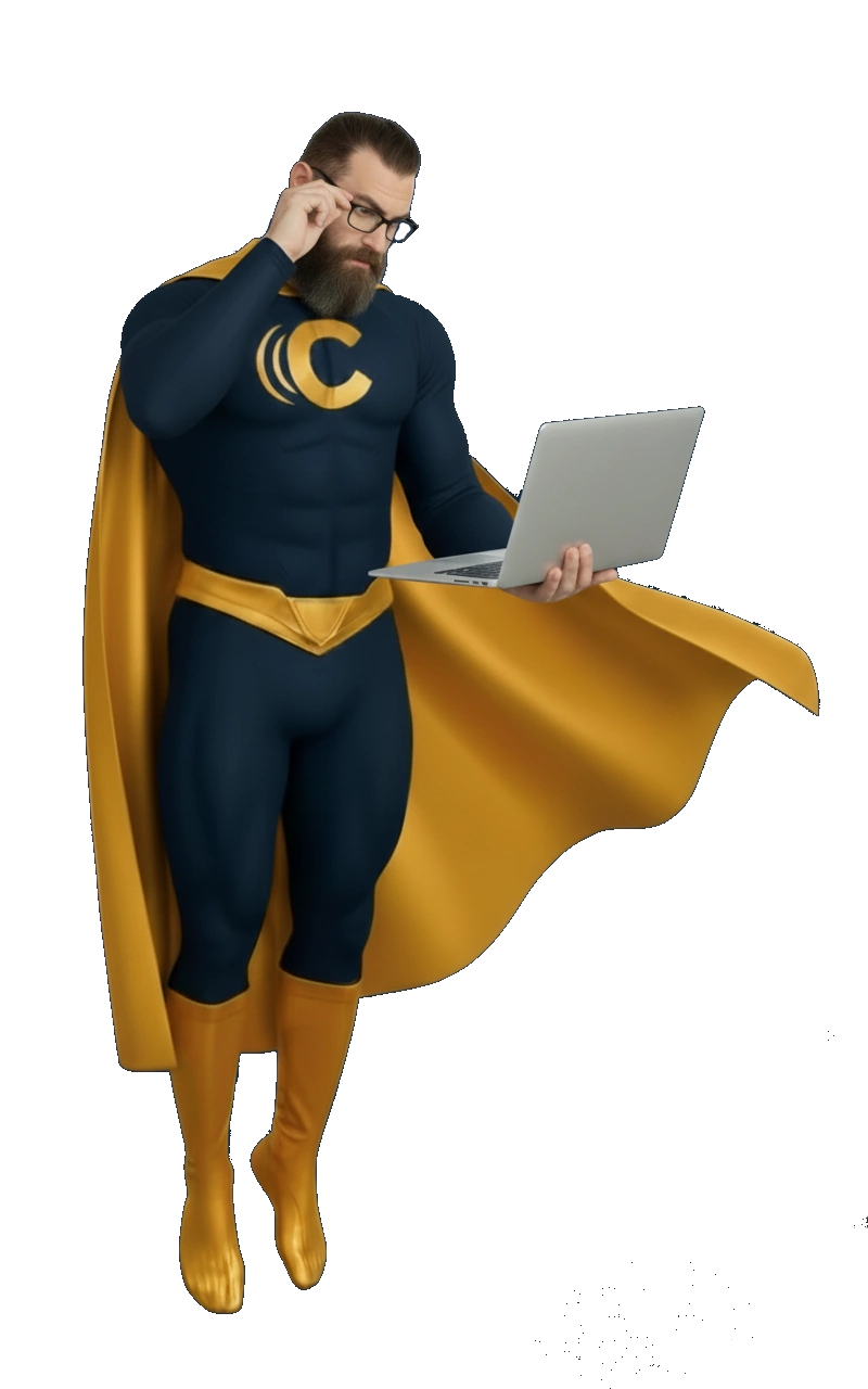 wp65 Carolina Web Pro superhero landing pose, symbolizing powerful and affordable website design service for small businesses.