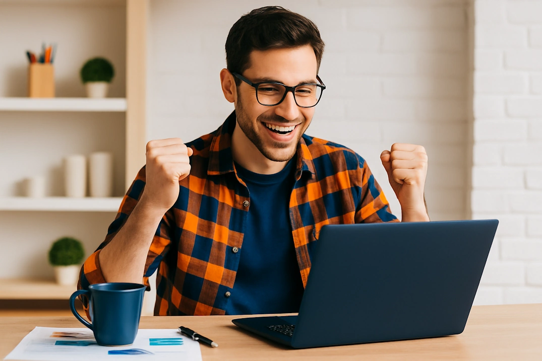 Six web design tips to improve your DIY website in 2025. A young man smiling at his laptop, symbolizing the satisfaction of learning helpful web design tips for small business websites
