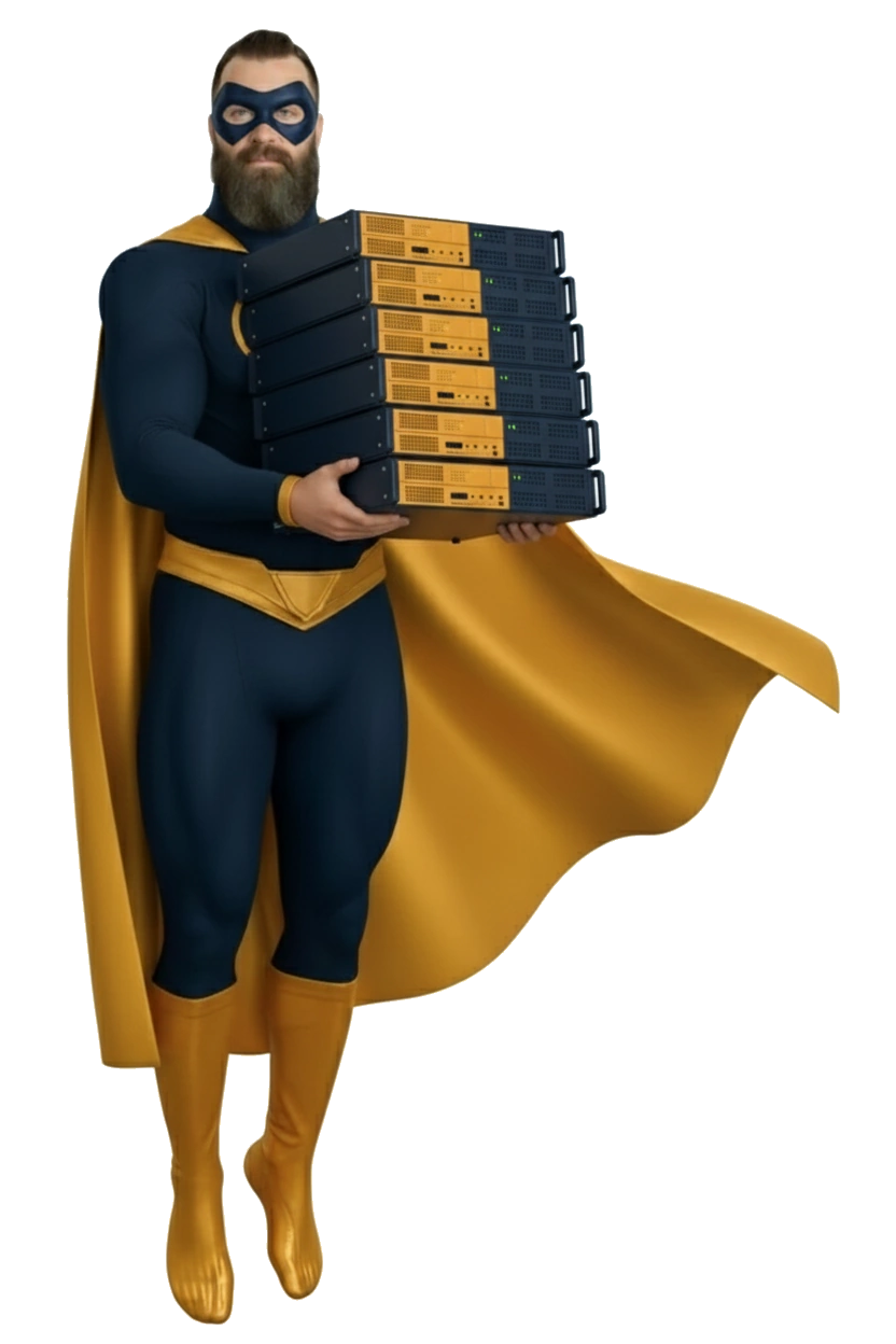 Pro Hosting, the ultimate white-glove solution. Carolina Web Pro superhero floating while holding a stack of servers, representing fully managed hosting with white-glove service.