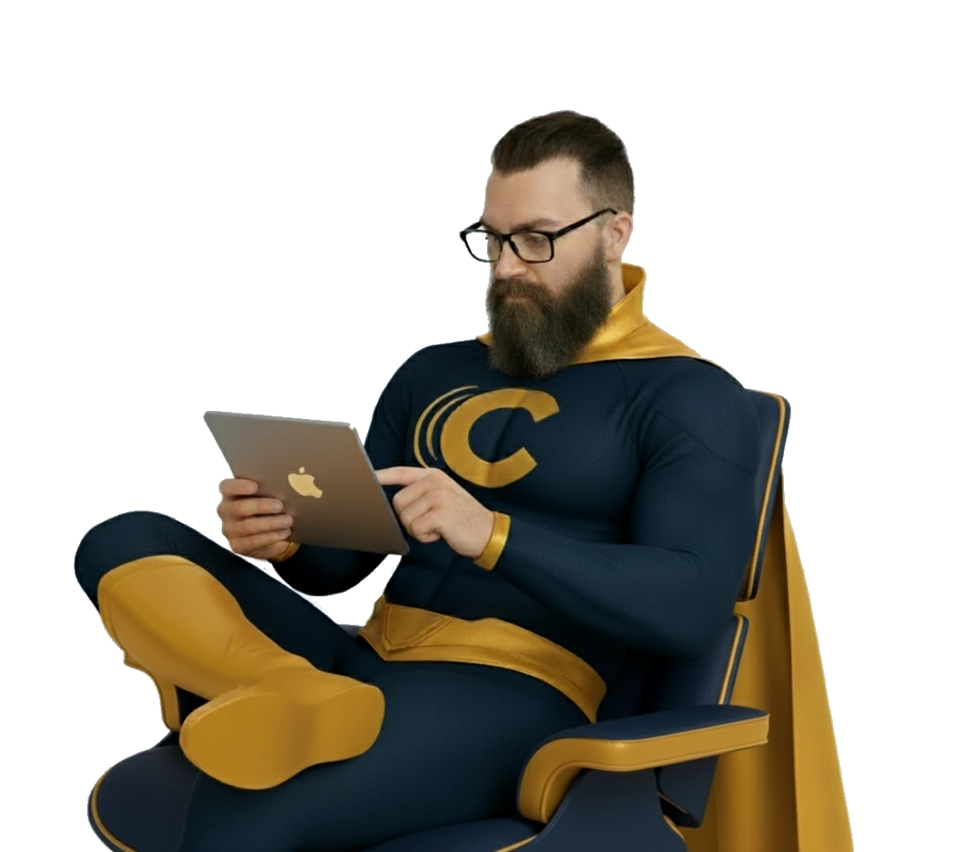 Carolina Web Pro Superhero Shares Knowledge with Small Business Heroes Carolina Web Pro superhero in glasses, relaxed in a chair reading a tablet, symbolizing learning and sharing insights with small businesses.