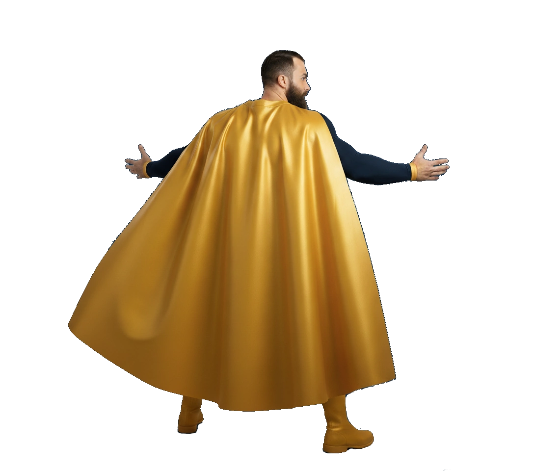 Hosting that’s got your back. Carolina Web Pro superhero with cape and arms outstretched, symbolizing reliable hosting that protects and supports small businesses.