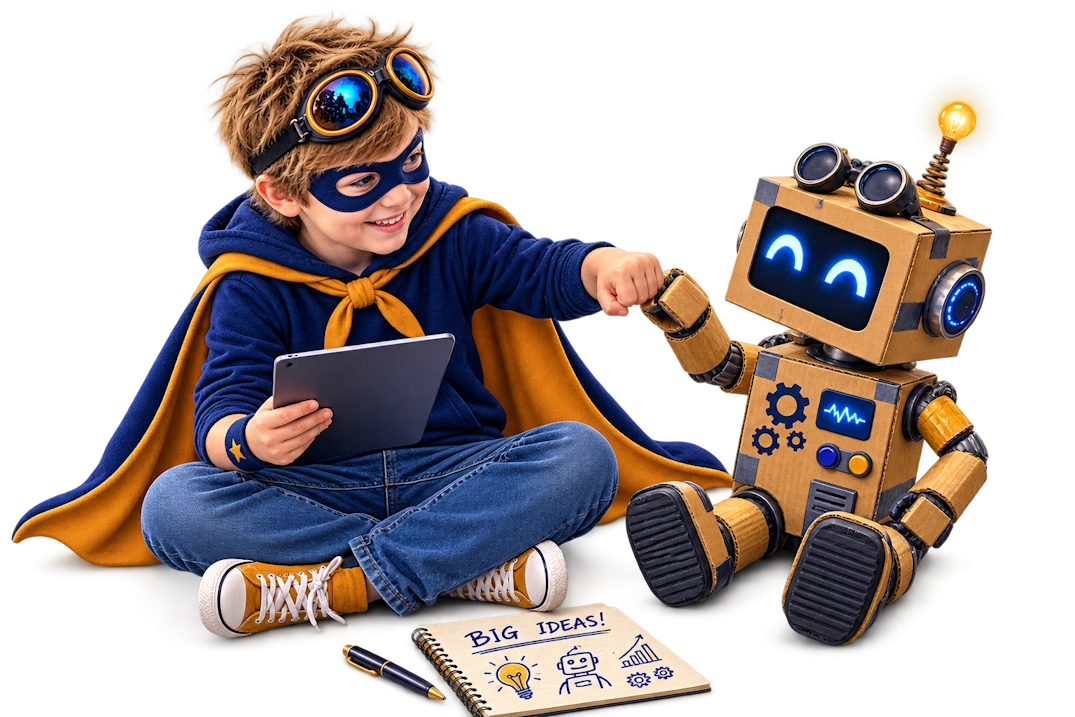 Carolina Web Pro superhero standing beside futuristic AI bot, representing custom AI tools and chatbots for small businesses.