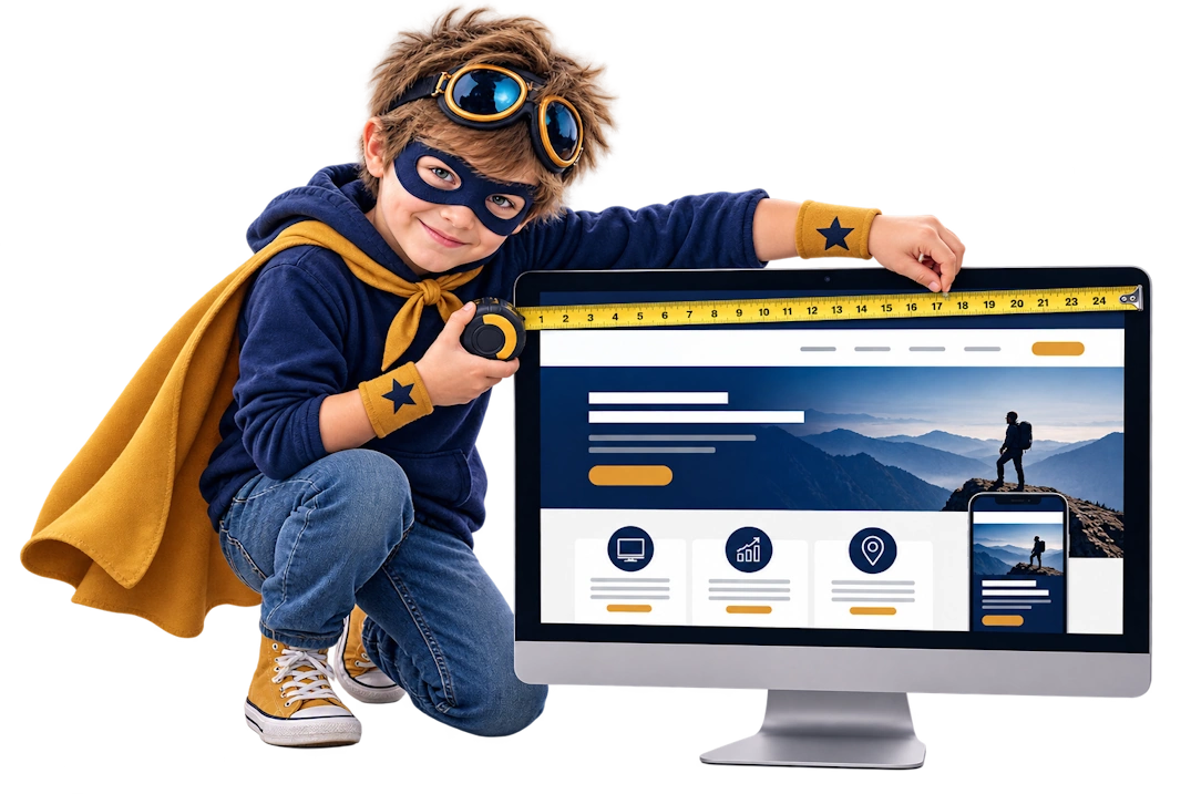 Carolina Web Pro superhero landing pose, symbolizing powerful and affordable website design service for small businesses.